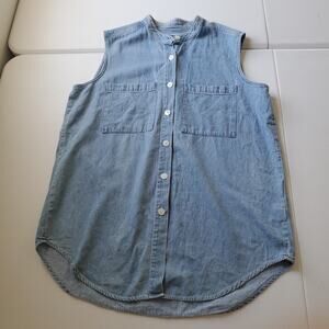 90s Eddie Bauer Denim Shirt Womens Medium Blue Chambray Sleeveless Button Up Top